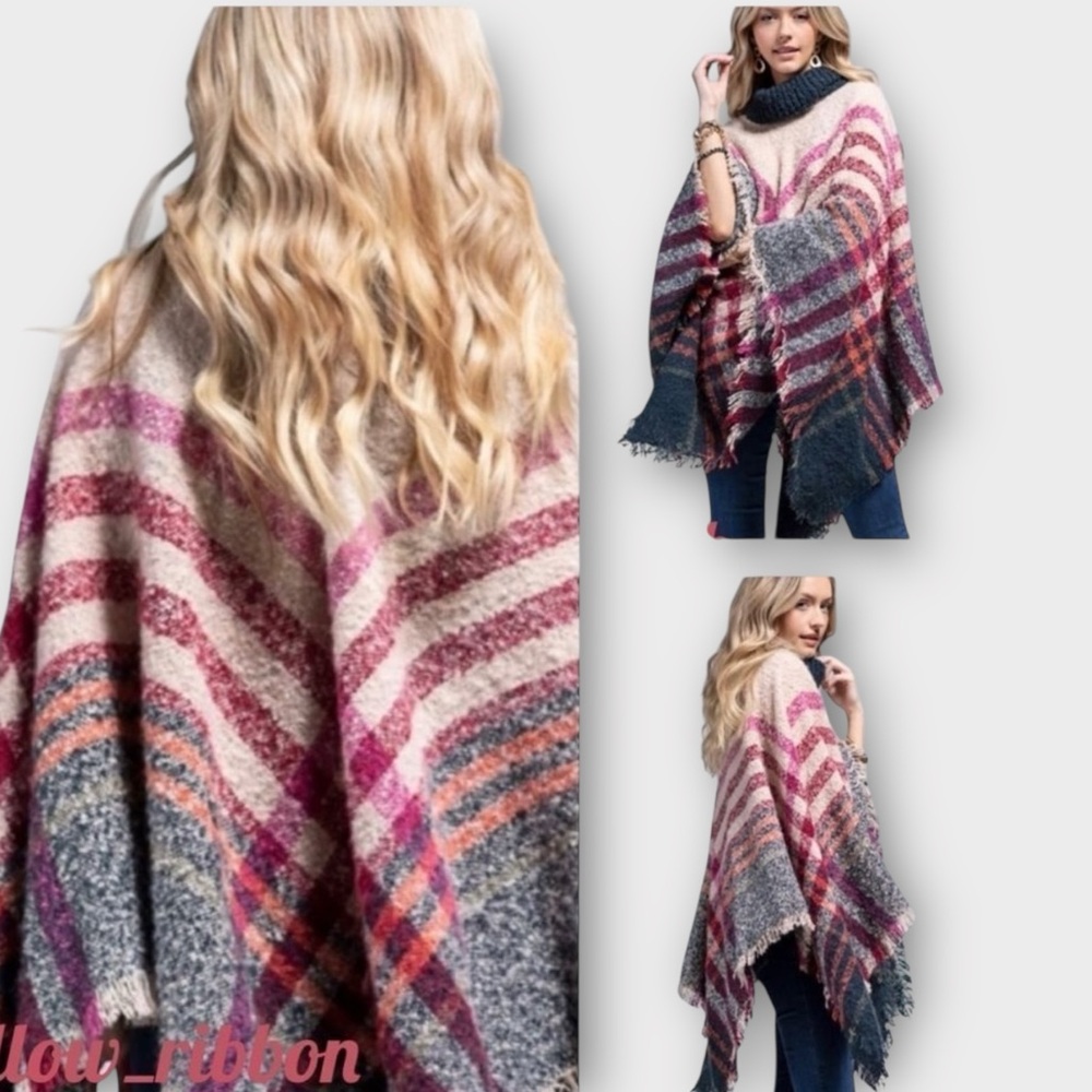Boucle Knit Navy Pink Cream Plaid Fringe Turtle Neck Sweater Poncho